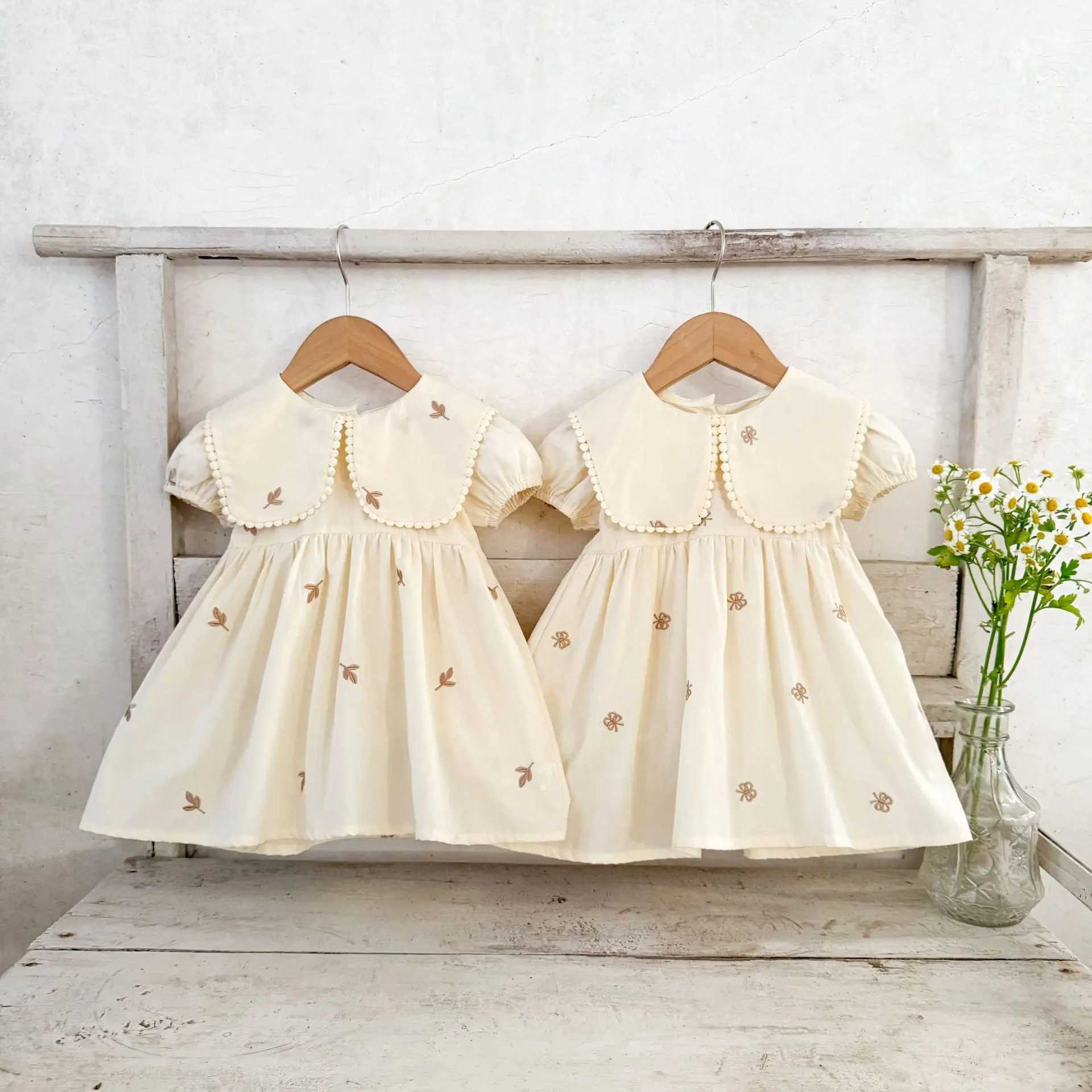 Ins Korean Version Girls Pure Cotton Embroidered Lapel Short Sleeve Dress Versatile Cute Dress for Children in Summer R250704