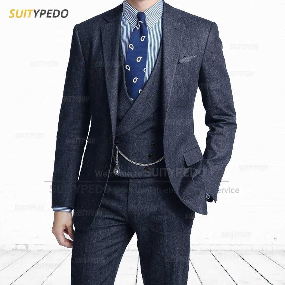Elegant Denim Mens Suits Smart Casual Winter Blazer Vest And Pants 3-Piece Tuxedo Notch Lapel Solid Formal Suit Attire X250704