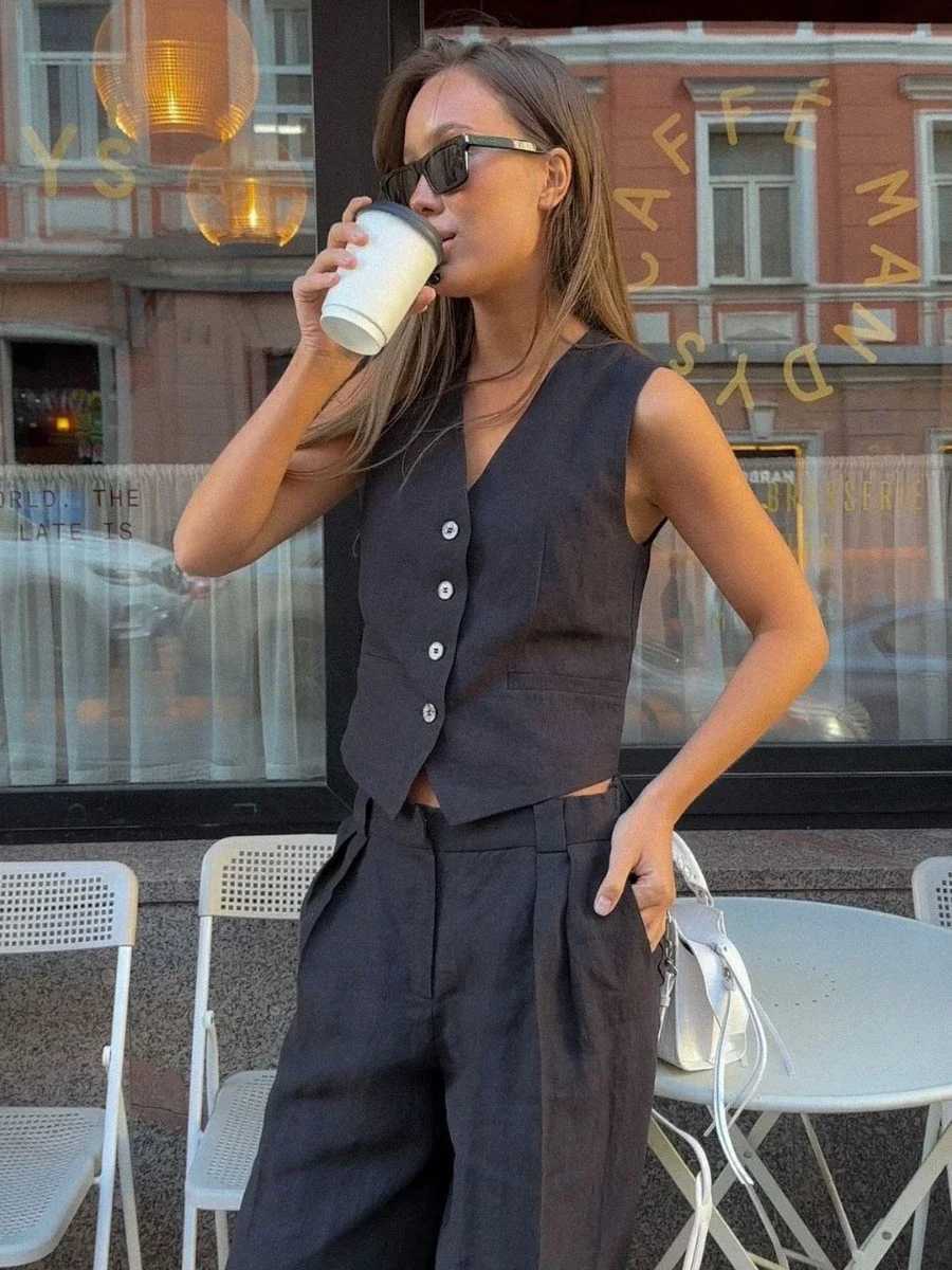 Bronladies Womem Linen Cotton Chic Vest Pants Suit Two-Piece Set Office Ladies Summer Chic 2 Piece Sets Womens Outfits X250704