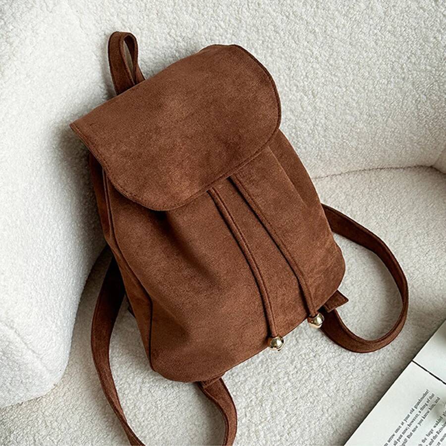 Korean vintage suede flap drawstring backpack ins new casual fashion student small bagpack soild female travel bags rucksack sac high-quality