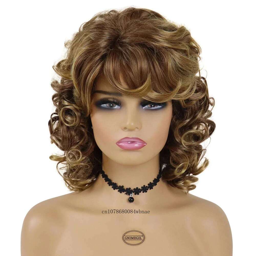 Mix Blonde Synthetic Wigs with Bangs Natural Fluffy Soft Bouncy Curly Wig for Women Ladies Daily Costume Cosplay Party Fake Hair