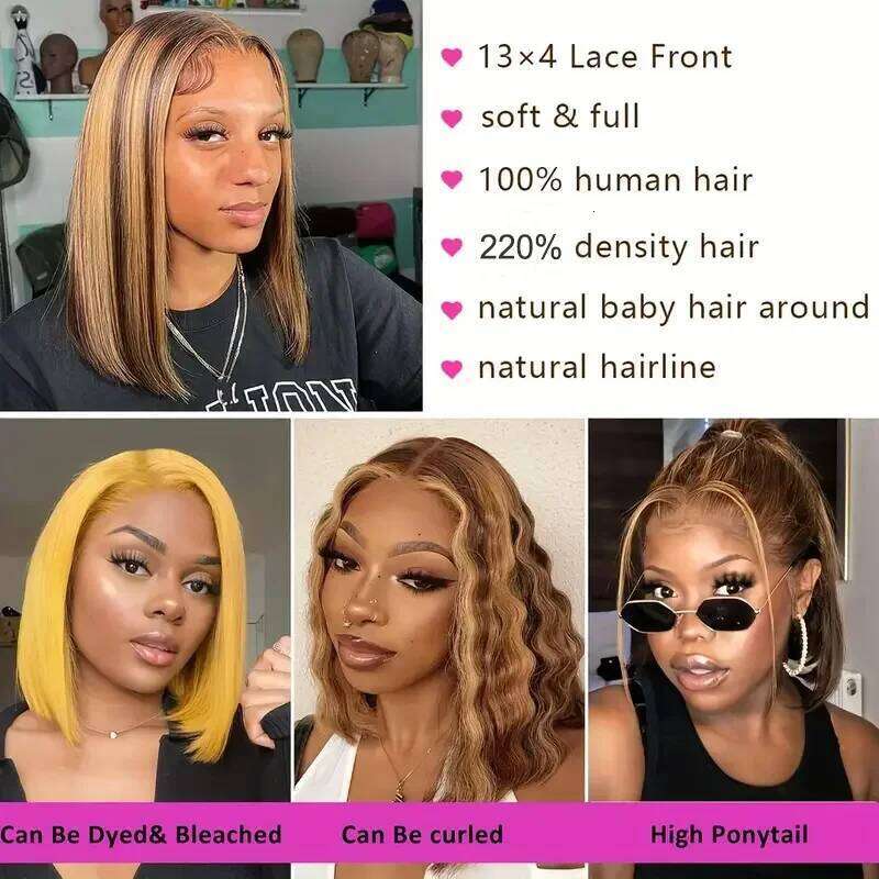100% 13x4 Human Hair Lace Frontal Wig Ready Wear Bob Wigs 220Density For Black Women 4/27 Color Gold