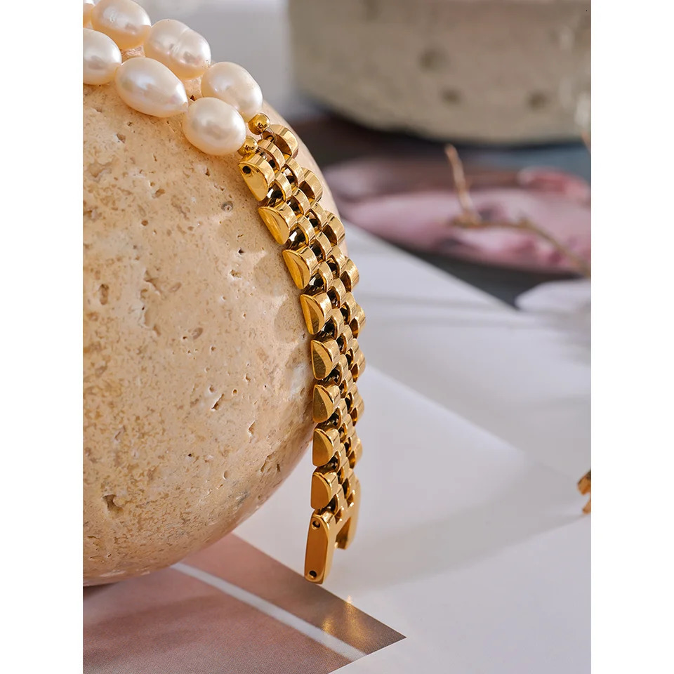 Yhpup Natural Pearls Cuban Chain 316L Stainless Steel Bracelet Bangle High Quality Women Gold Color Premium Jewelry Gift 250628