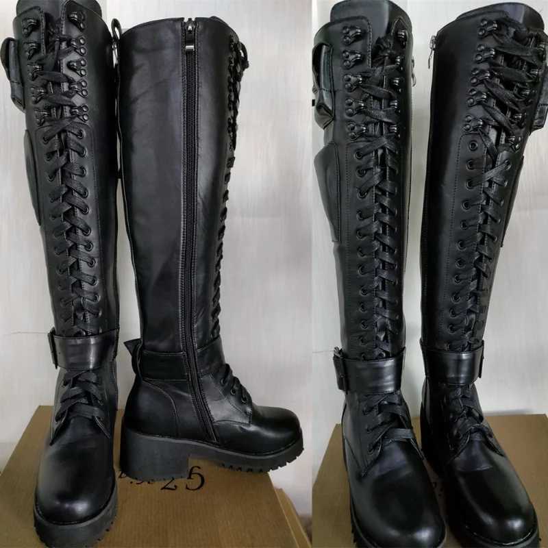Knee High Boots Women Cool Goth Zipper Design Pocket Lace Up Chunky Heel High Quality Shoes Woman Fashion Popualr Big Size 35-43 Z250704