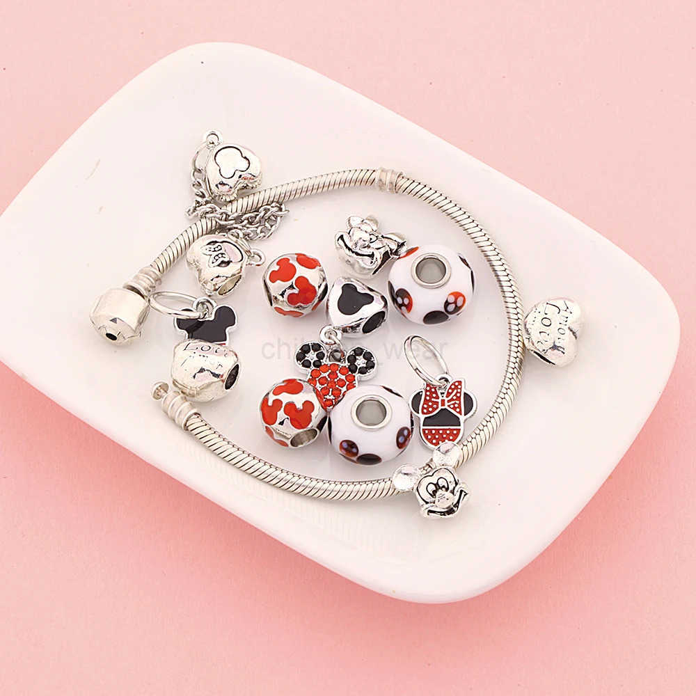 DISNEY Classic Red Enamel Heart Mickey Minnie Charm Bracelet for Women Girl Boy Gift Silver Color Cartoon Animal Disney Beads Bracelets W20250704