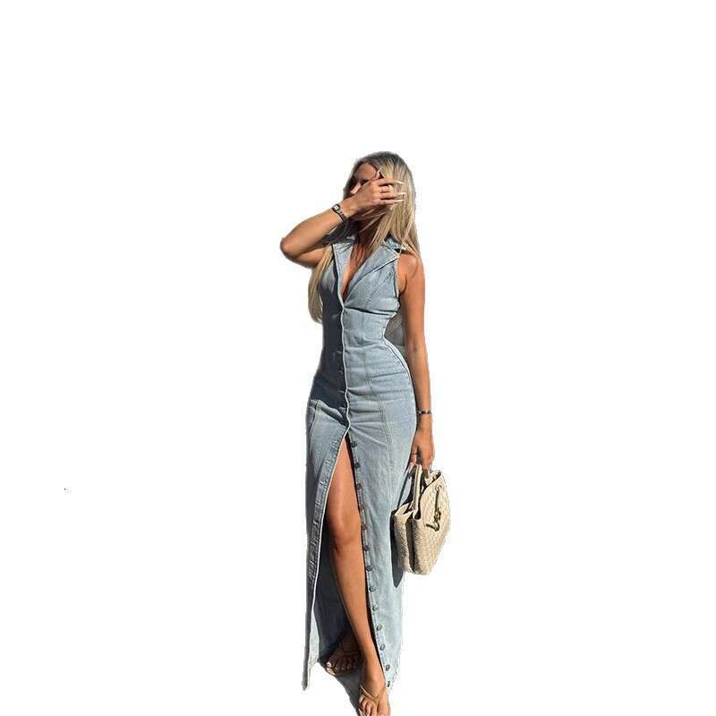 Hot-Selling Women's French Tea Break Button Denim Long Dress with Halter Neck and Waist-Cinching Design, 2025 New Casual Versatile Fashion Appare