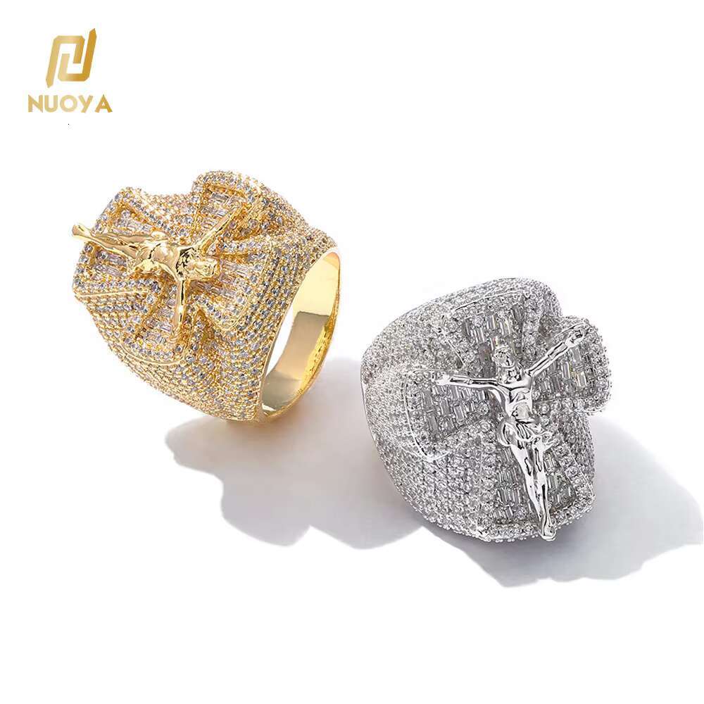 Jewelry Hip Hop Iced Out Diamond Ring for Men Women Bling Moissanite Stone White Gold Plated Jesus Cross Ring Trendy Jewelry