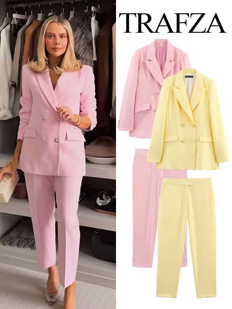 TRAFZA Women New Fashion Blazer Suit Lapel Double-Breasted Pocket Casual Coat+Chic High Waist Loose Zipper Slim Long Pants Suit X250704