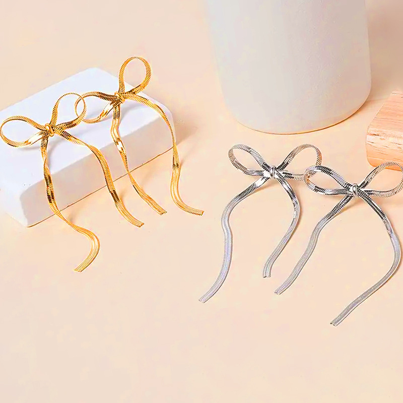 Snake Chain Bowknot Tassel Internet Celebrity Versatile Face Slimming Simple Elegant Earrings Non-Fading