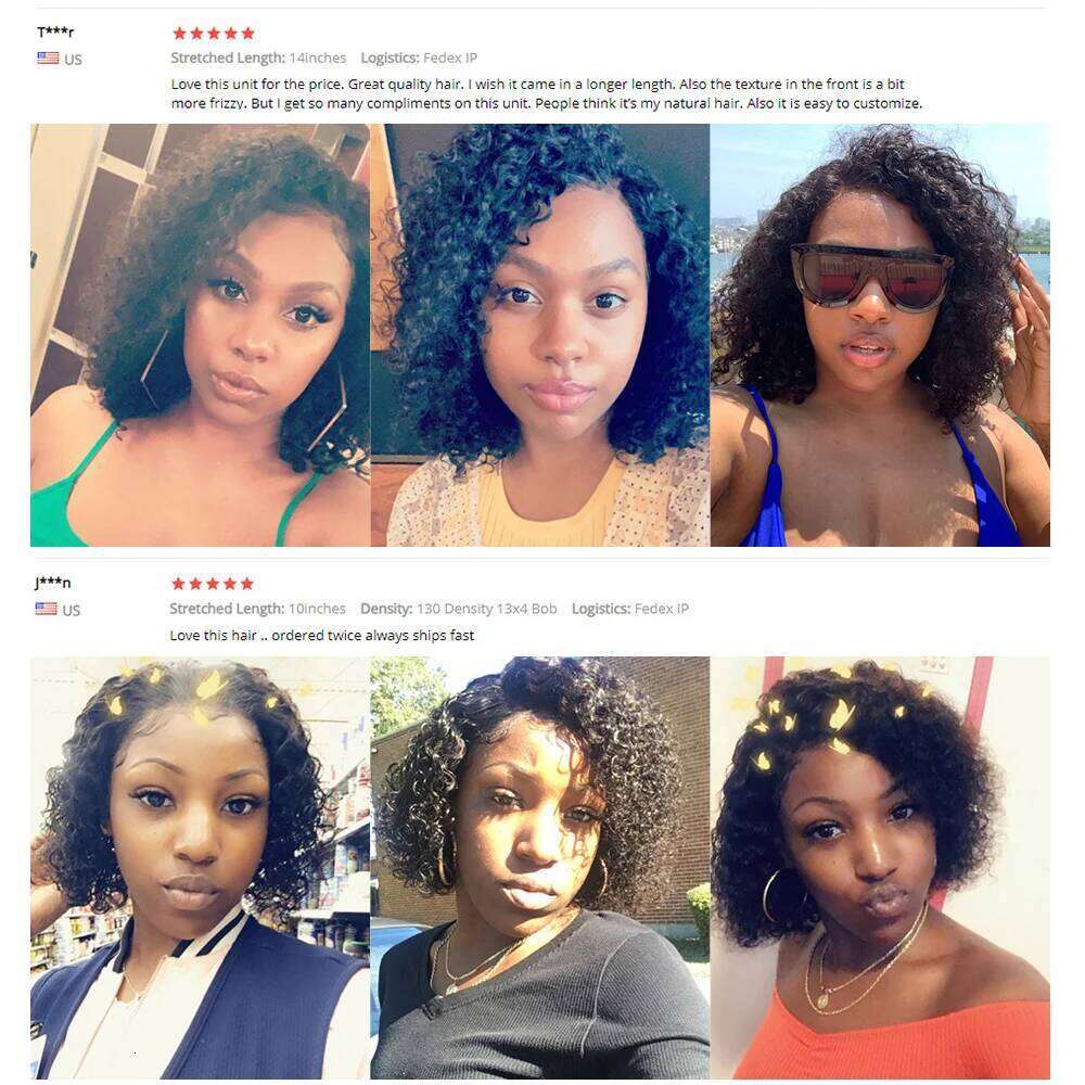 Short 8 to 16 Inch Kinky Wig Pre Plucked T Part Lace Peruvian Curly Human Hair Bob Wigs For Women and Girls
