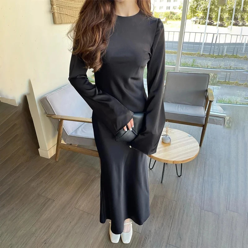 Fashion Slim Maxi Dress For Women Long Sleeve High Waist Elegant Solid Party Dress Casual Ladies Autumn Dress 250704