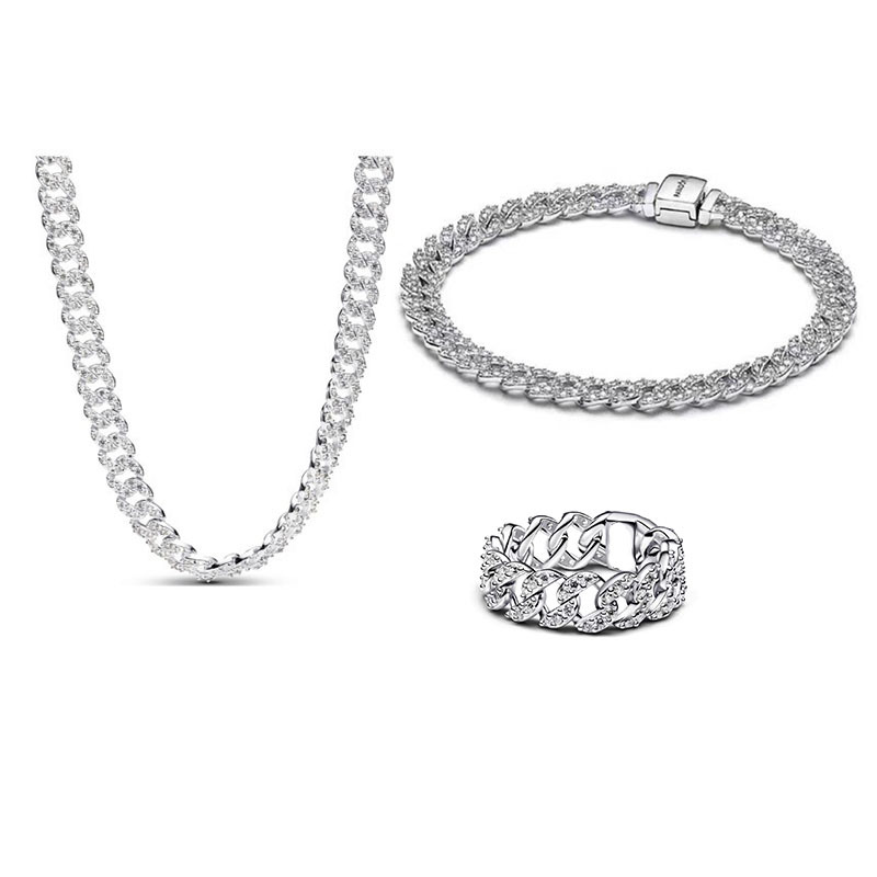 s925 silver plated cuban bracelet for women men fashion hip hop full diamond shine crystal cz zircon bangle bracelets ring necklace jewelry set