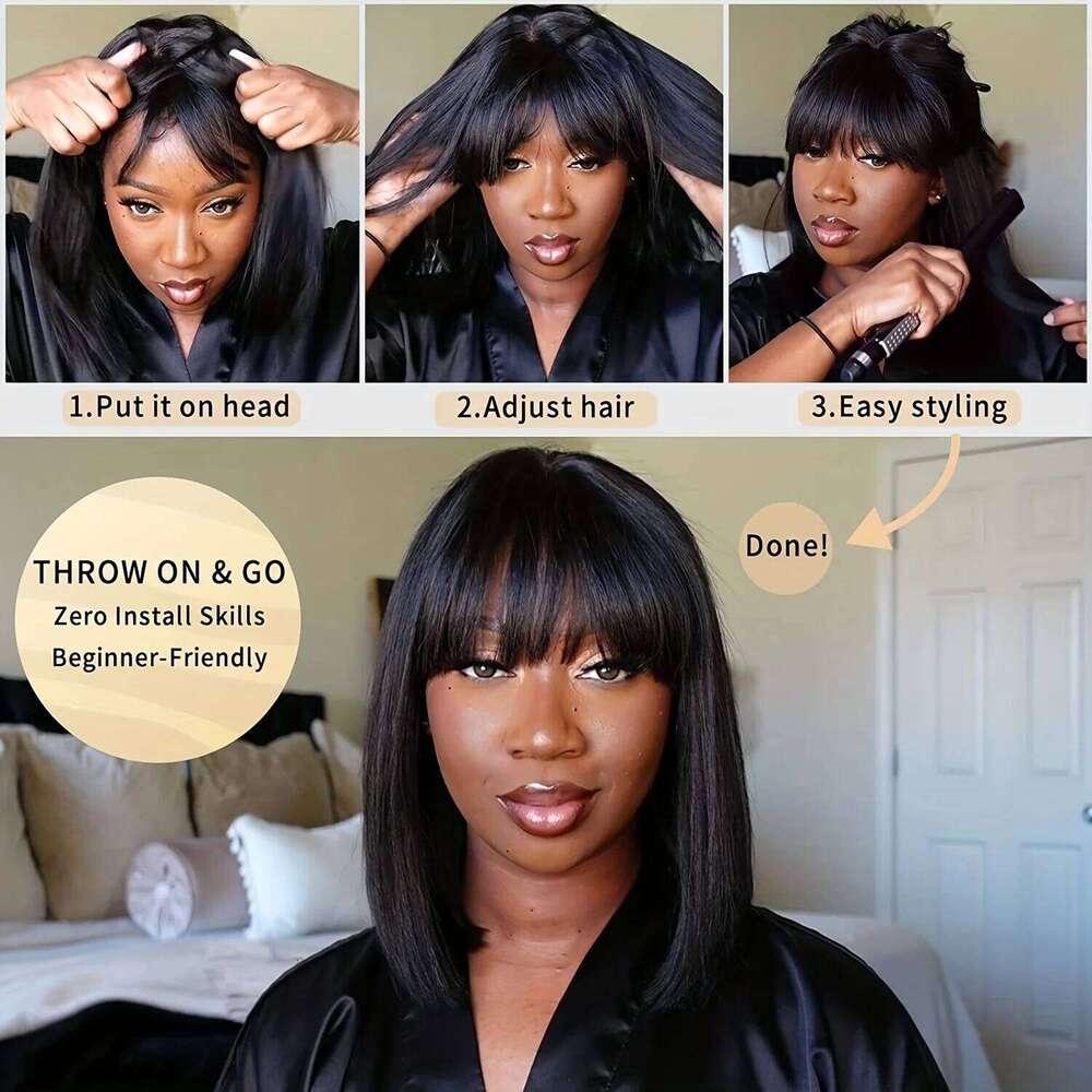 Choice Short Wig Bone Straight 100% Human Hair With Bangs 3x1 Lace Middle Part For Black Women Bob Wigs