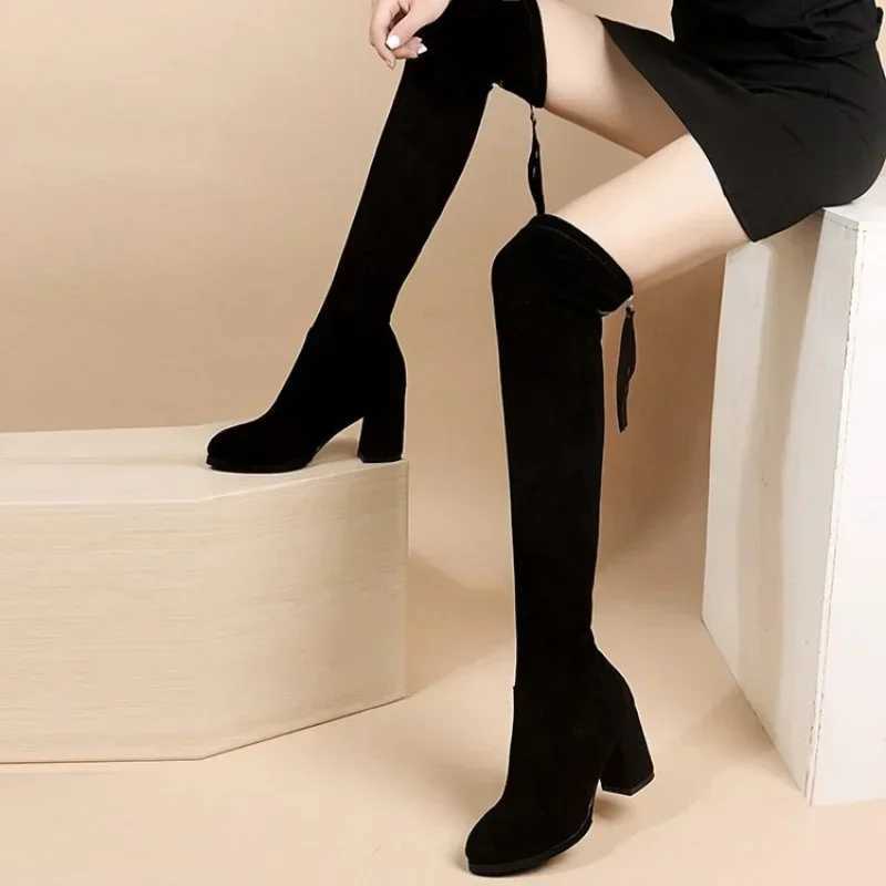 Faux Suede Female Heels Autumn Zipper Elastic Knee-high Boots for Women Tube Lace-up Thigh Gigh Boots Black Botas Mujer Z250704