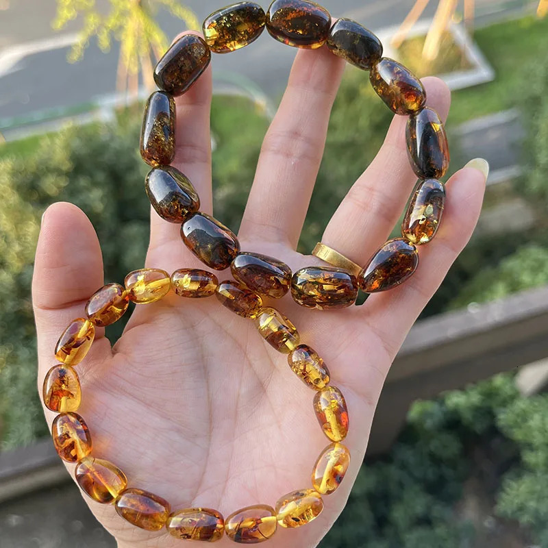 100% Real Piebald Amber Bracelet for Unisex 2025 Natural Genuine Plant Flower Irregular Beads Factory Baltic Amber Jewelry 250628