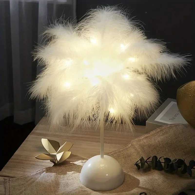 1PC Feather Design LED Table Lamp for Kids - Battery-Powered Portable Ideal Bedroom Decor for All Occasions XJ250703