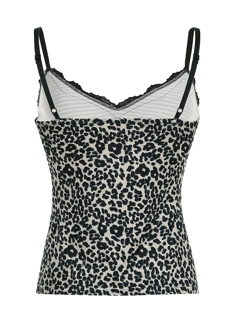 Rockmore Leopard Print Camisole Coquette Lace Frill V-neck Crop Top for Women Sexy Backless Y2K Vintage Stripe Patchwork Vest 250704