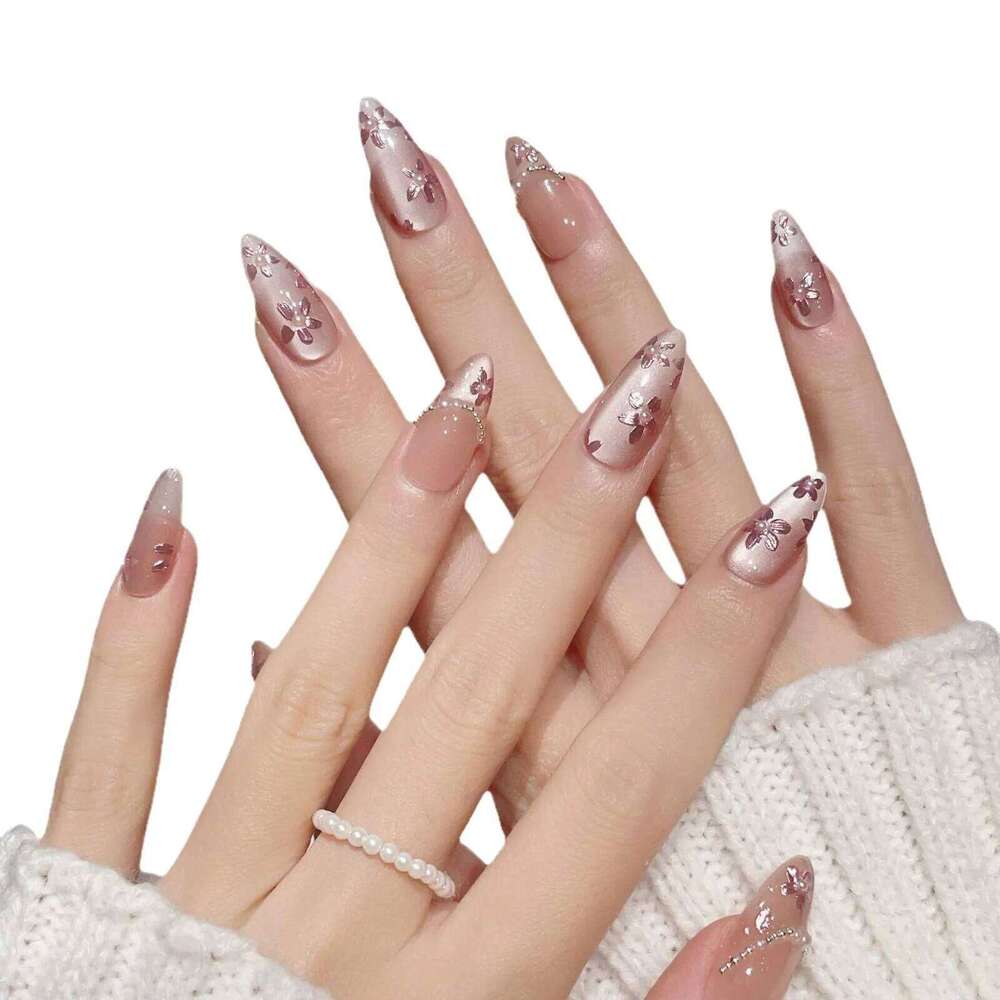 10Pcs Handmade Al Press On Flash Gradient Wear Pink Flower Design French False Nails Wearable Manicure Nail Tips X250704