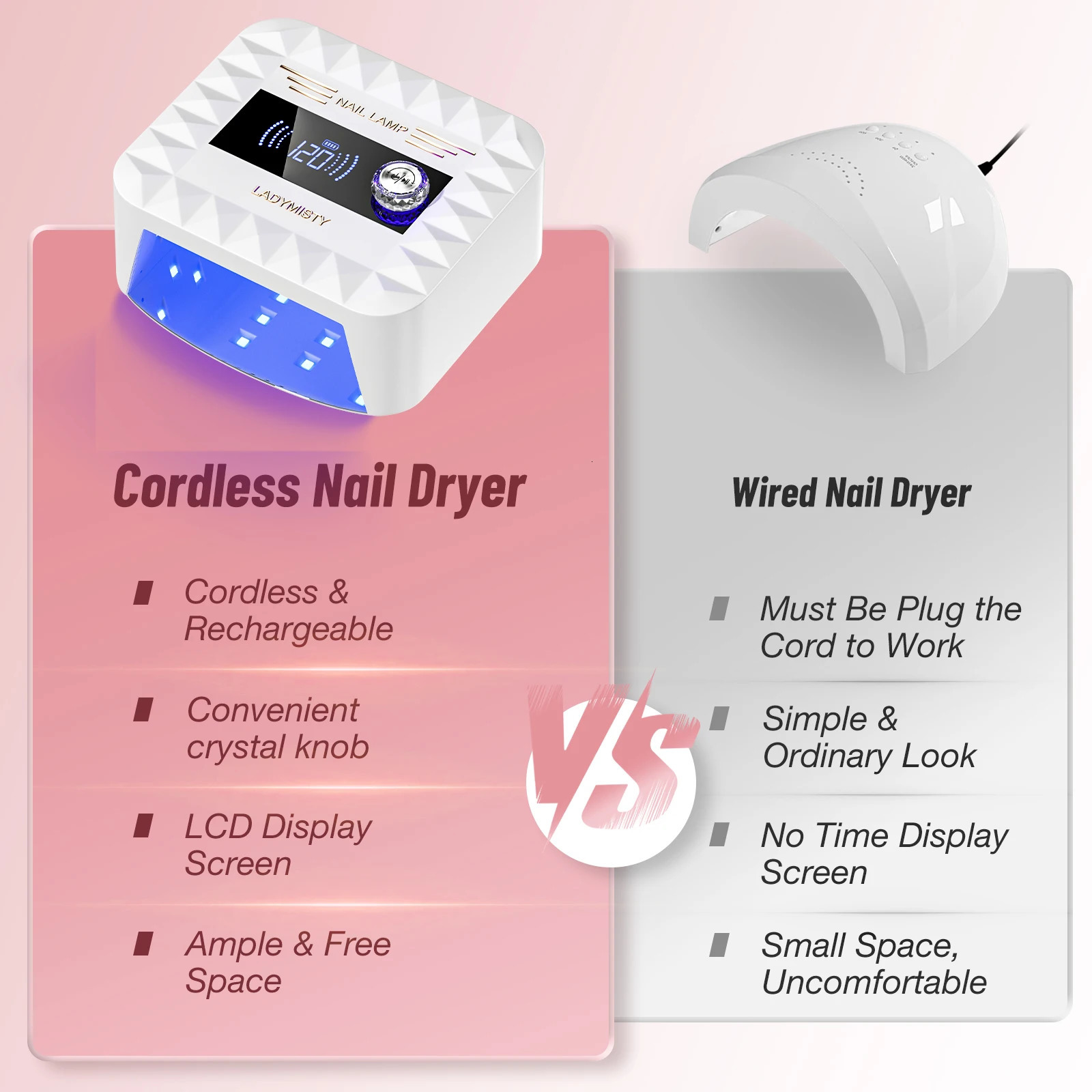 268W UV Nail Lamp Cordless LadyMisty UV Light for Gel Nails with Convenient Knob Dual Light Source Precise Curing LCD Display 250627