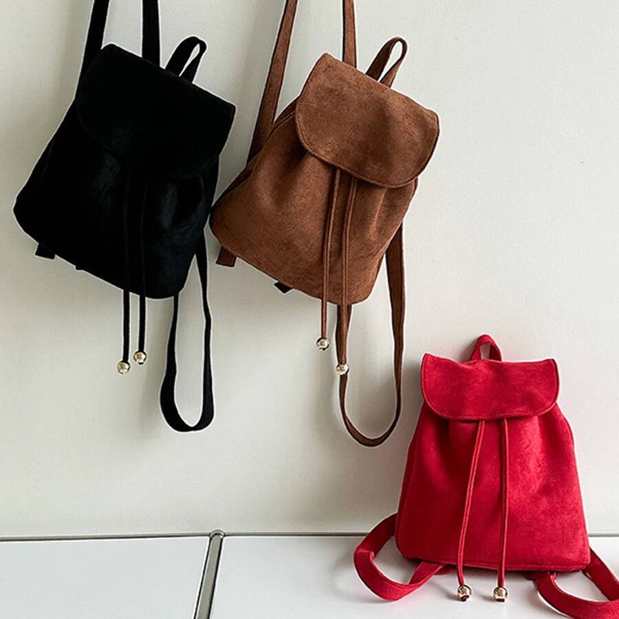 Korean vintage suede flap drawstring backpack ins new casual fashion student small bagpack soild female travel bags rucksack sac high-quality