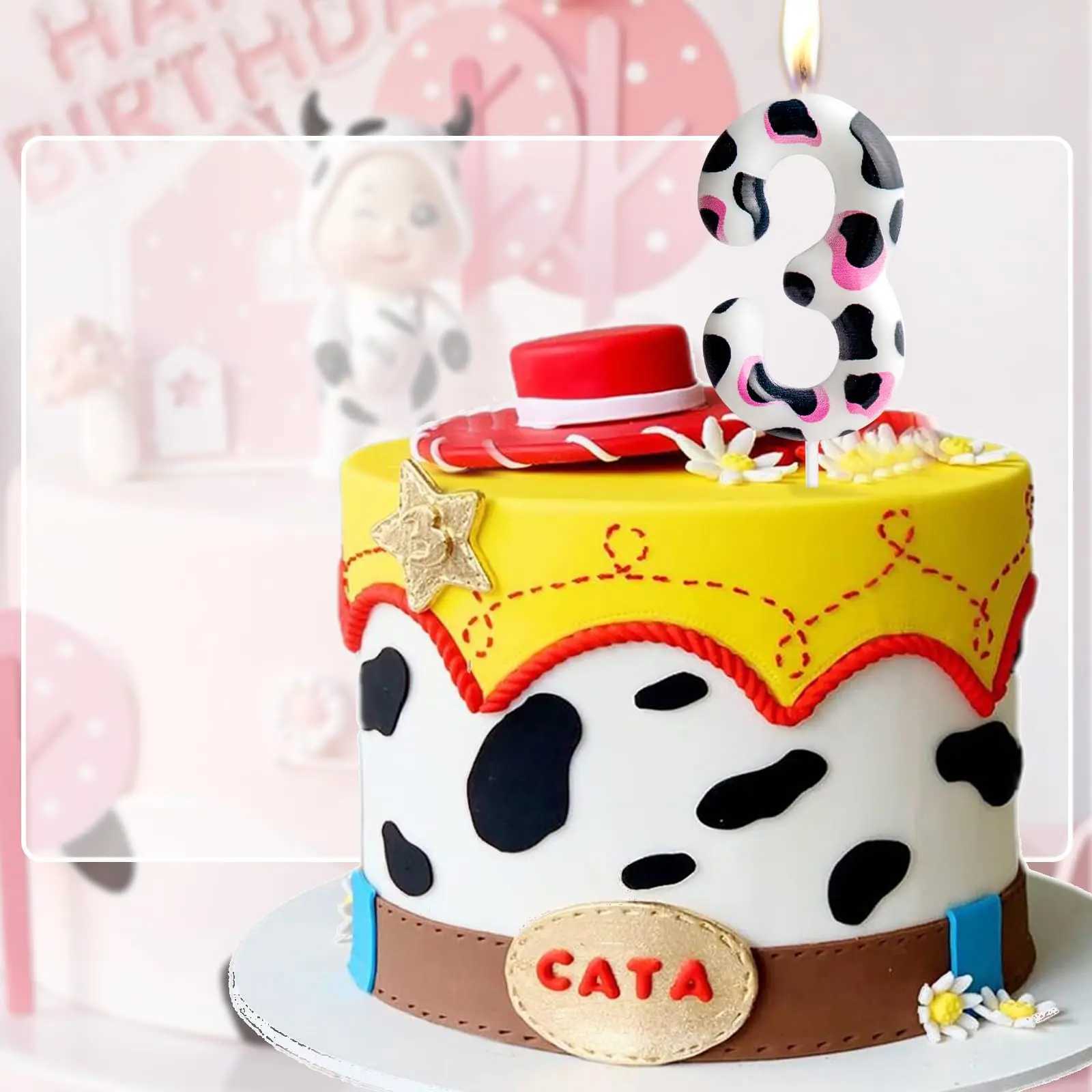 1-3rd Birthday Candle Cow Decoration Birthday Party Supplies Birthday Pink White Cow Themed Cake for Kids Boy Girl Party W250704