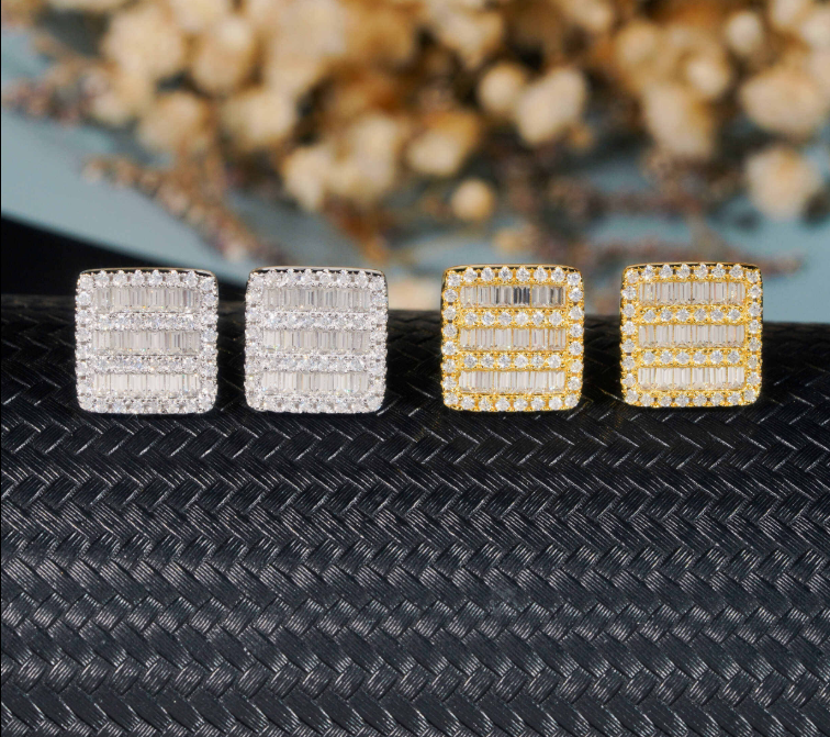Fashion Fire Jewelry Men Iced Out Hip Hop Sterling Silver 11mm square Shape Screw Back Moissanite Diamond Stud Earrings Men