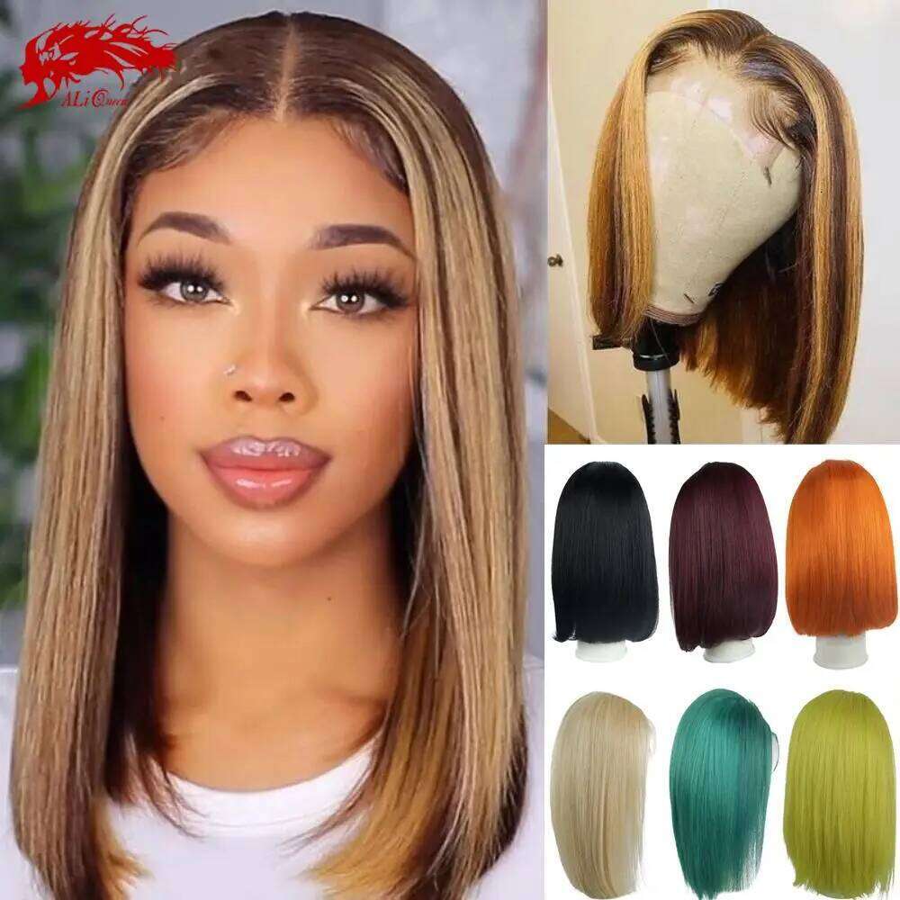 Ali Queen Brazilian Straight Short Bob Wig 13x4 Lace Front Human Remy Hair Wigs For Women Pre Plucked 613# Ombre Cosplay Party
