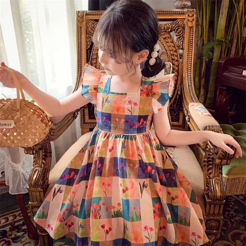 Humor Bear Girls Summer New Korean Checkered Countryside Floral Flying Sle Tank Skirt Dresses Casual Outfit 2-6Y R250704
