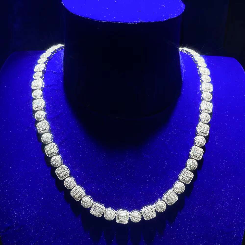 European and American Hip Hop Round Square Diamond Baguette Gold Plated Cz Zircon Cuban Link Chain S925 Silver Jewelry Necklace