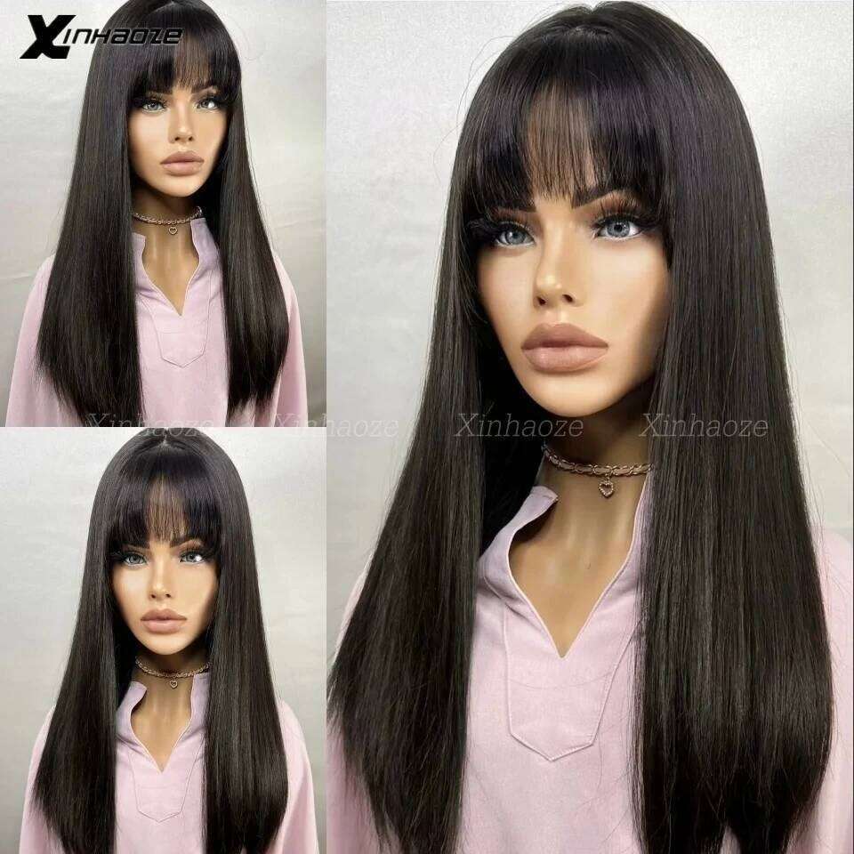 Glueless Base Full Wig Bangs Brazilian Silky Straight 360 Lace Human Hair Fringe Wigs with Silk Top
