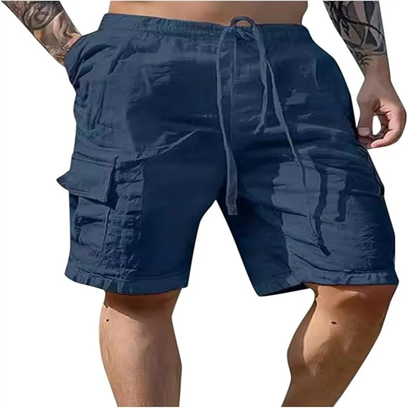 Mens loose outdoor breathable shorts made of cotton and linen with drawstrings and multiple pockets in workwear style. 250704
