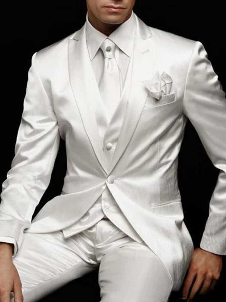 3 Piece White Satin Wedding Suits Groom Tuxedos Peaked Lapel Custom Made Handsome Business Party Male Suit ( Jacket+Pants+Vest) X250704