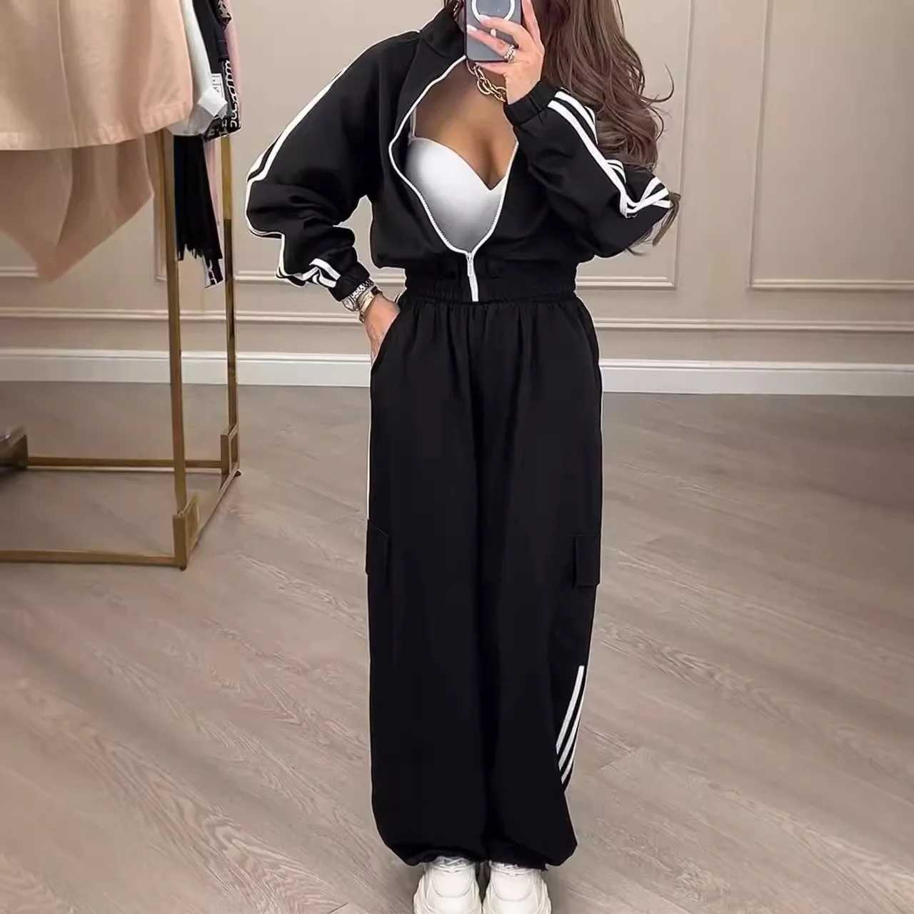 Sports Trousers Loose White Casual Womens Set Fashion Zipper High-waisted Hoodie + Wide-leg Overalls 2-piece Sweatshirt Suit X250704