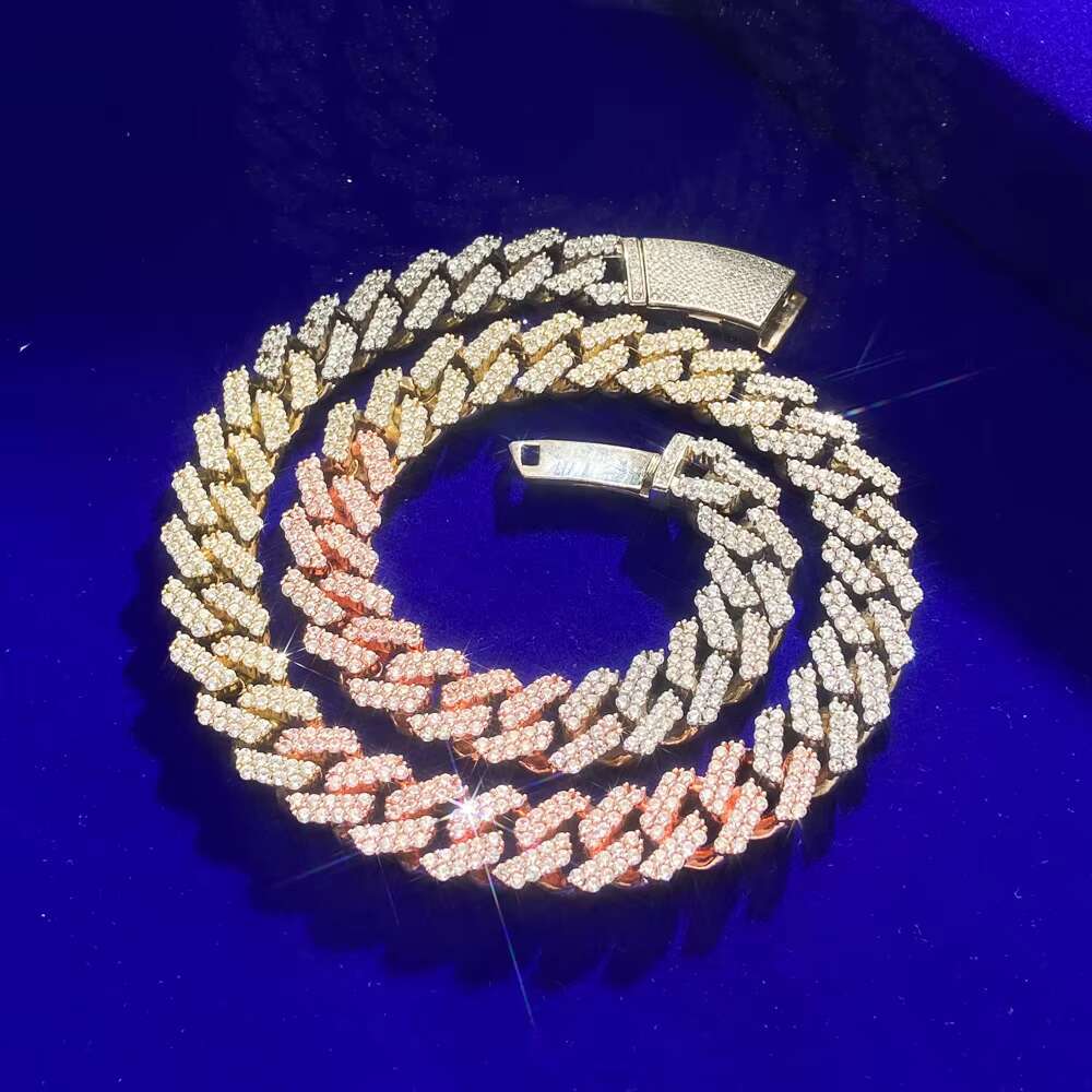 Fashion Tri Color 12mm Iced Out Cz Diamond Cuban Link Heavy Silver Chain Necklace