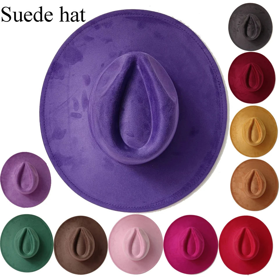9.5 CM Big brim Jazz Fedora Hat Mens Suede Fabric Heart shaped Top Felt Hat Womens Peacock Green Party Tie Hat 250701