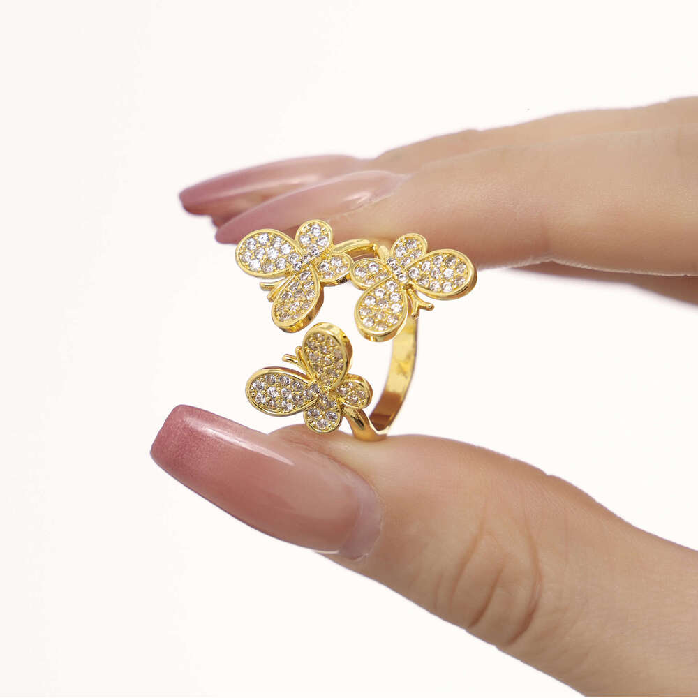 DHcollections 18K Gold Plated Butterfly Ring - Open Adjustable CZ Flower Ring for Women | Dainty Bohemian Stackable Jewelry (Size 7)