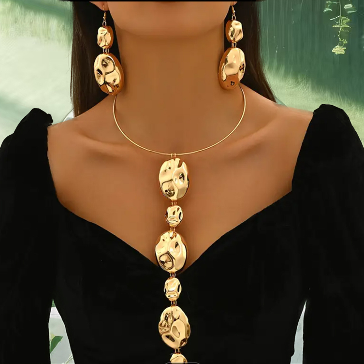 Oval Irregular Geometric Necklace and Earring Unique Metal Temperament Collarbone Choker Set Patchwork