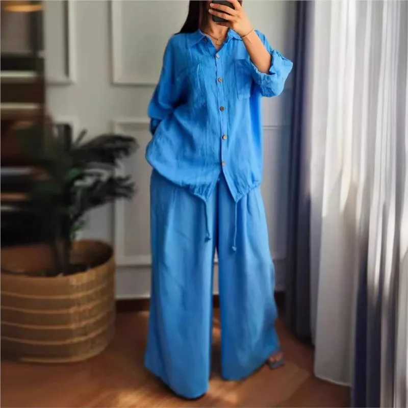 Womens Spring Casual Loose Cotton Linen Solid Shirt Wide Leg Pants 2-piece Set White Button Top Trousers Two Pieces Suits Women X250704