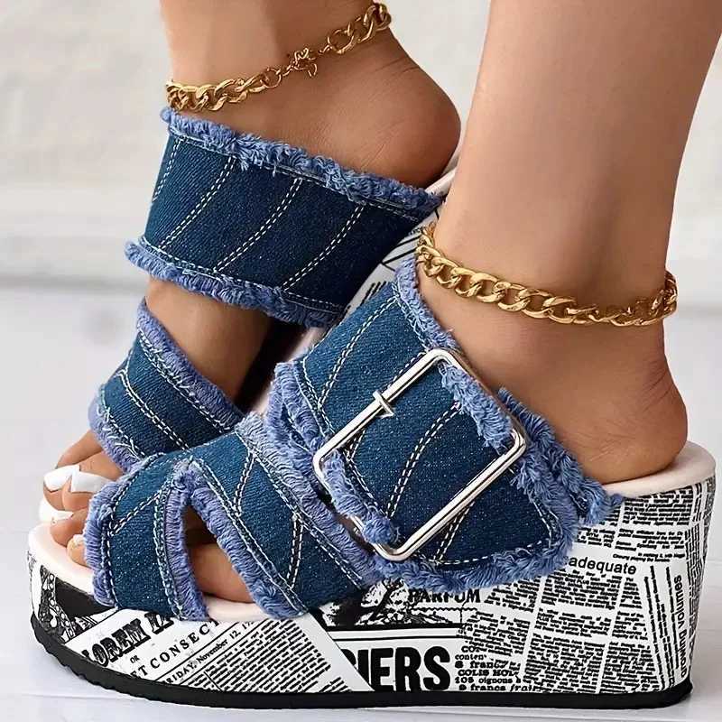 Women Denim Platform Slippers Women Casual Fashion Slippers Outdoor Wedge Sandals High Heels Shoes Summer Big Size Slides Women W250704