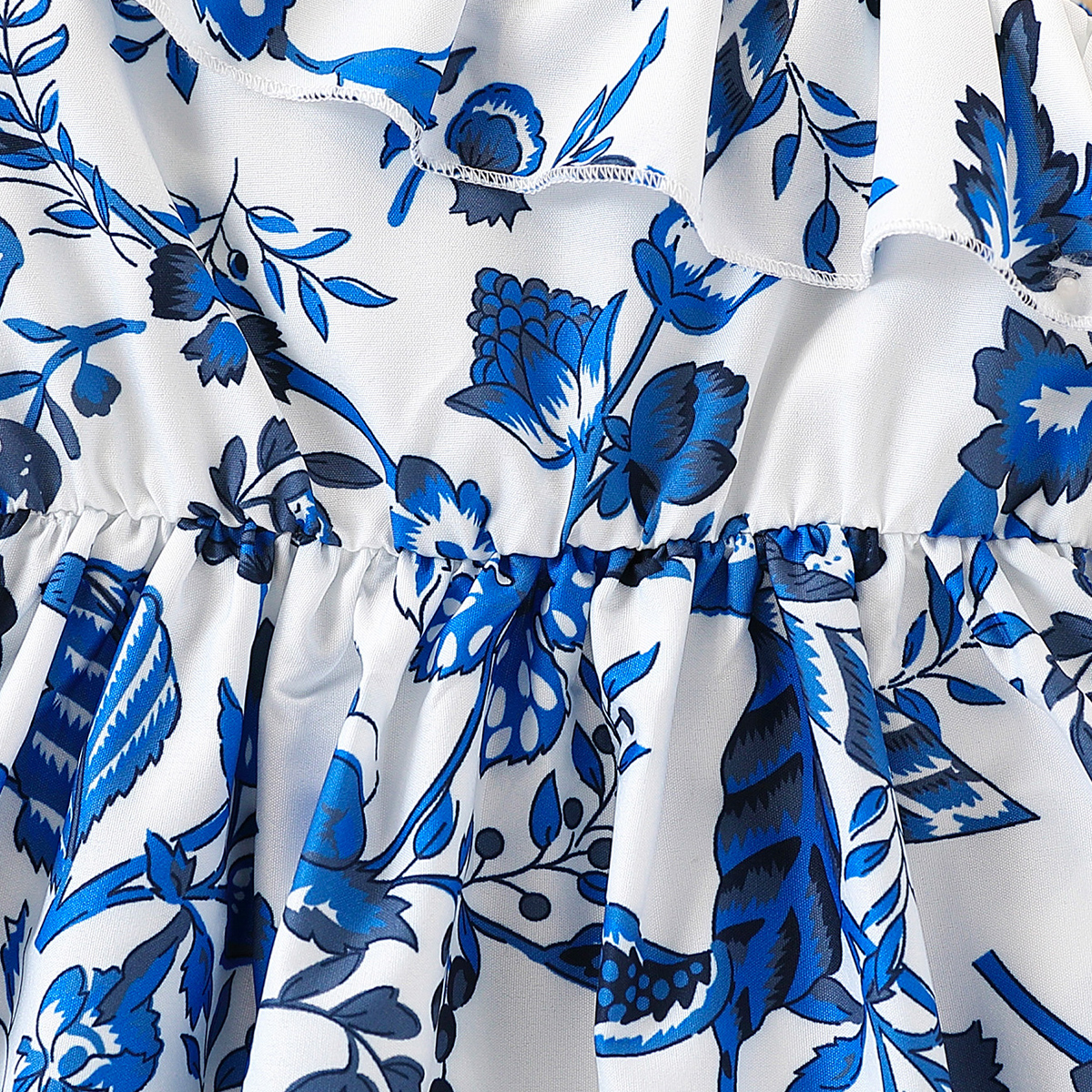 Girls' Fashion Leisure Vacation Ethnic Style Positioning Printed Lotus Leaf Edge Decorative Cloth Rules Single Side Bow Decorative Strap Dress Su