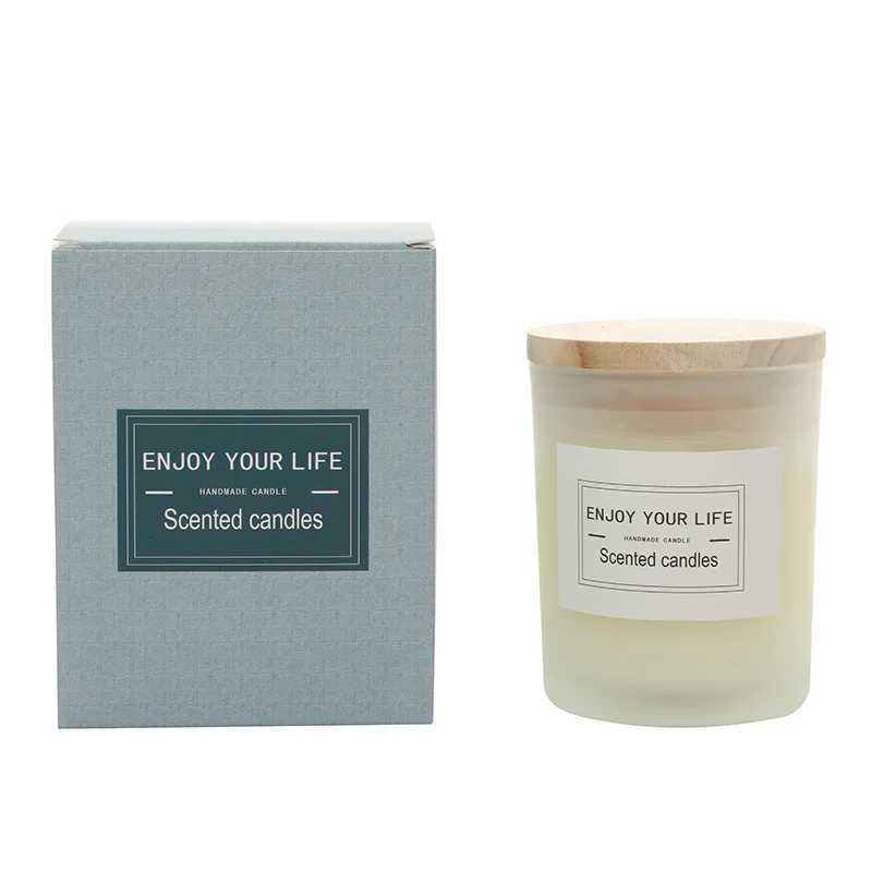 7x 8.4cm Wooden Lid Frosted Glass Jar Candle Soy Wax Aromatherapy Candle Wedding Smokeless Bamboo Lemon Rose Fragrance Gift W250704