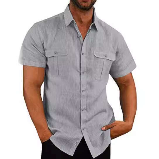Men's Shirt with Double Pockets, Cotton and Linen Short Sleeve Vacation Shirt, 7 Colors, 2025 New Fashion Versatile Casual Clothing