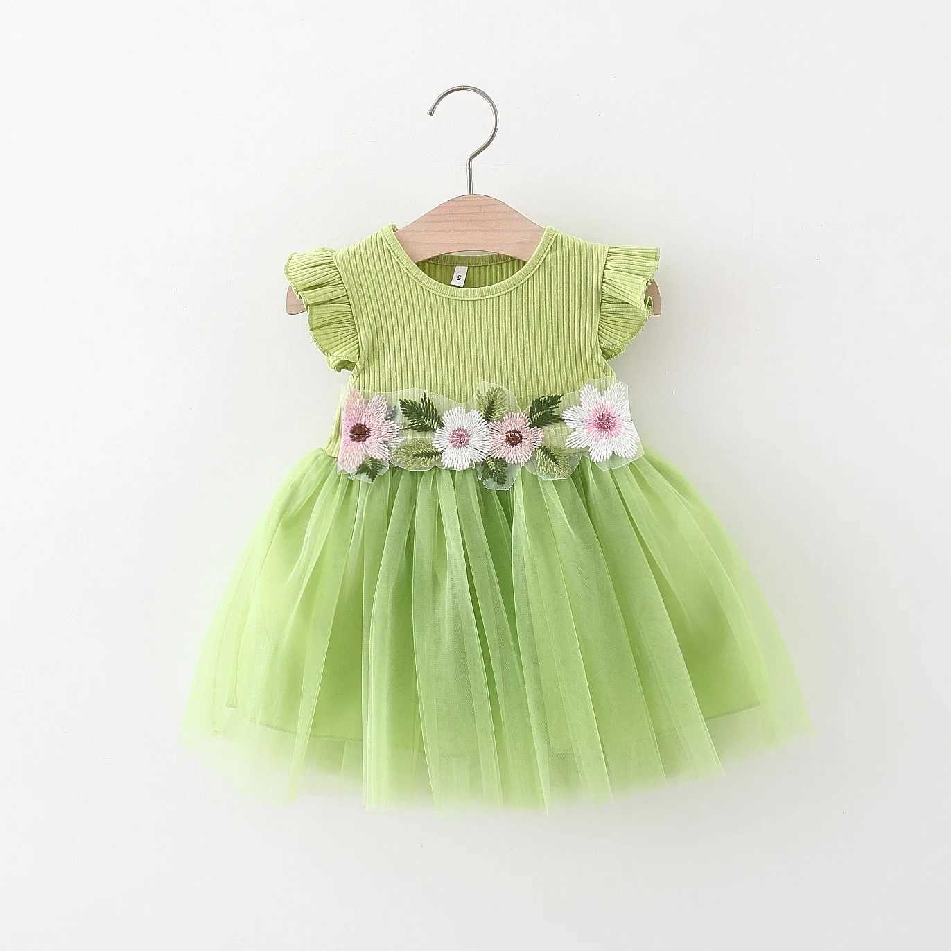 Summer New Waist Line Flower Mesh Yarn Skirt Girls Flying Sles Knitted Pit Stripe Small Skirt Spld Dress R250704