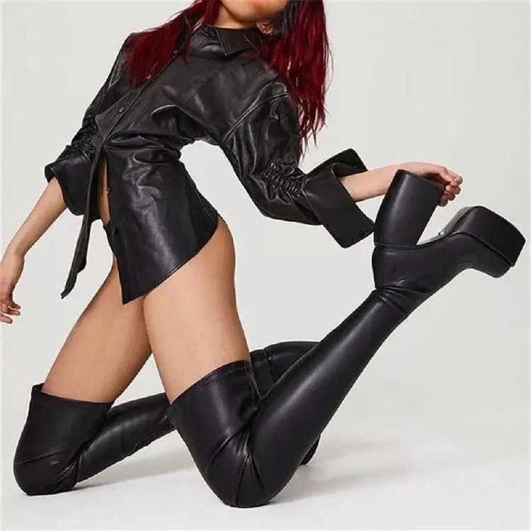 Womens Square Toe High Heeled Boots Long Short Tube Block Heel Punk Boots Women Platform Shoes Black Cowboy Boots for Women Z250704