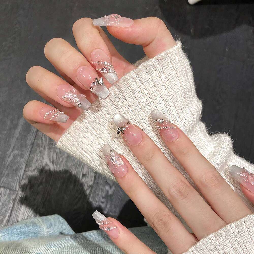 10Pcs Reuse Finished Fake with Butterfly Deisgn Pink Cat's Eye French Handmade Press on False Nails Wearable Nail Art Tips X250704