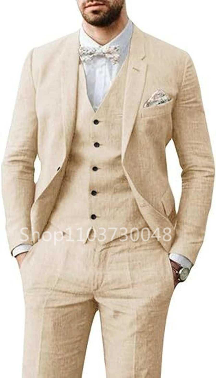 Elegant Beige/Blue Linen Men Suits Casual Single Breasted Slim Fit Blazer Vest Pants High Quality 3 Piece Summer Wedding Suits X250704