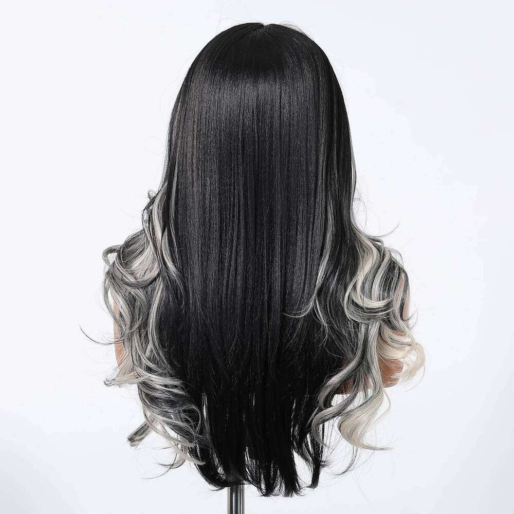 HENRY MARGU Long Wavy Synthetic Front Black White Highlight Curly 13*4 Lace Frontal Natural Wig for Women Daily Use