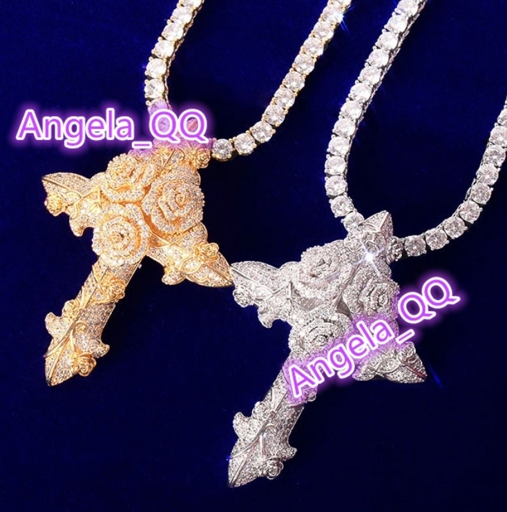 Fashion Hip Hop Moissanite vvs1 Ice Out Rose Cross Pendant Necklace Men Women Trendy Jewelry