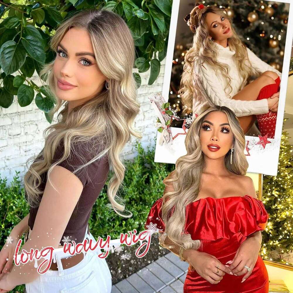 26 Inch Long Ash Women Ombre Blonde Highlight Wigs Middle Part Synthetic Lace Wig for Daily Cosplay Party Use