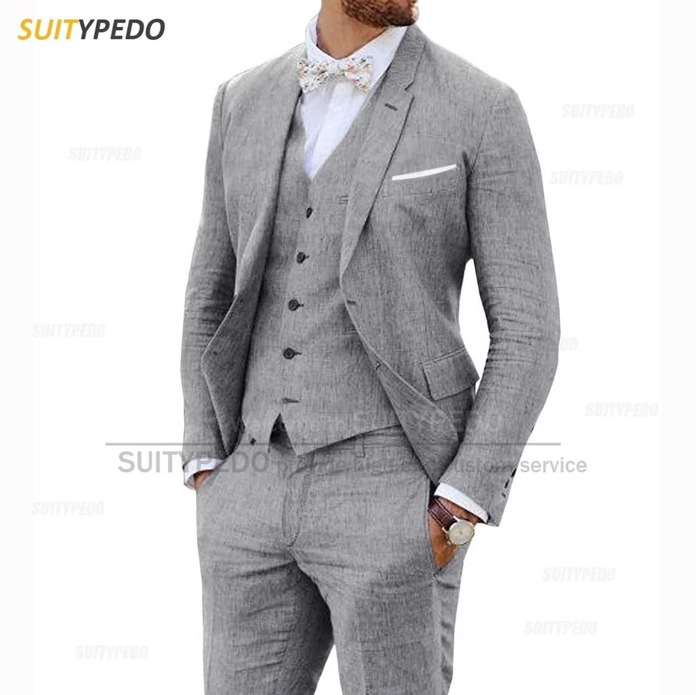 Beige Linen Suits for Men 3 Pieces Casual Slim Fit Suit Blazer Vest Pants Set Formal Prom Wedding Tuxedos for Best Man Groomsmen X250704